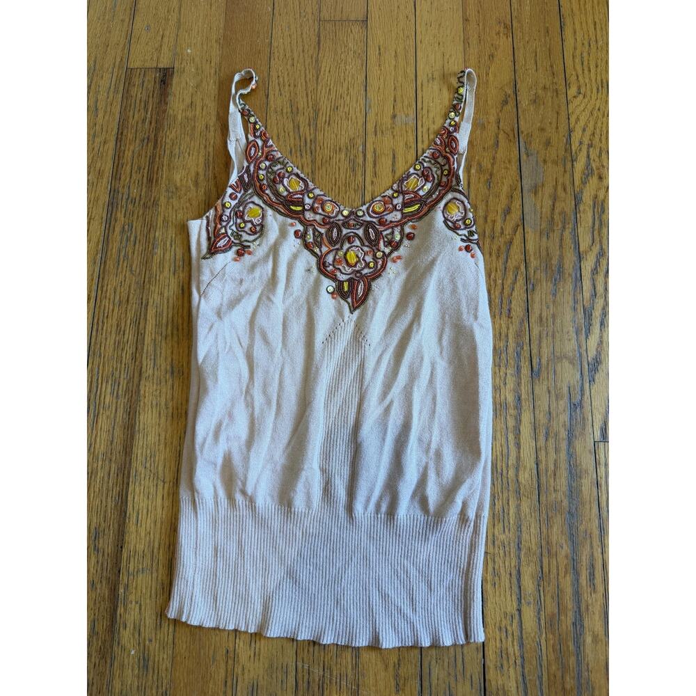 Rozae Nichols Sweater Tank Womens Small Beige Beaded Embroidered Boho V Neck